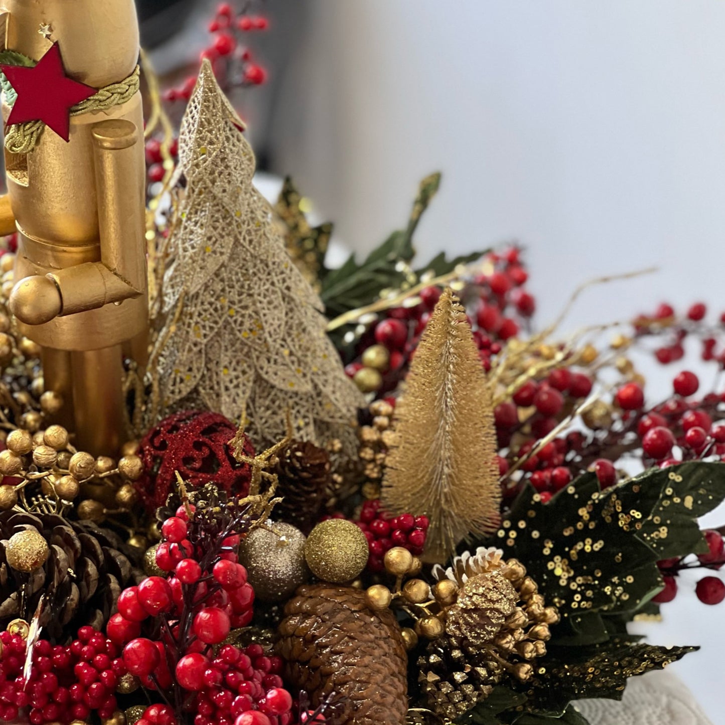 Elegant Christmas Table Centrepiece "Christmas Nutcracker Red & Gold Forest" - HM Grande Flora - artificial flowers Australia - luxury table decor