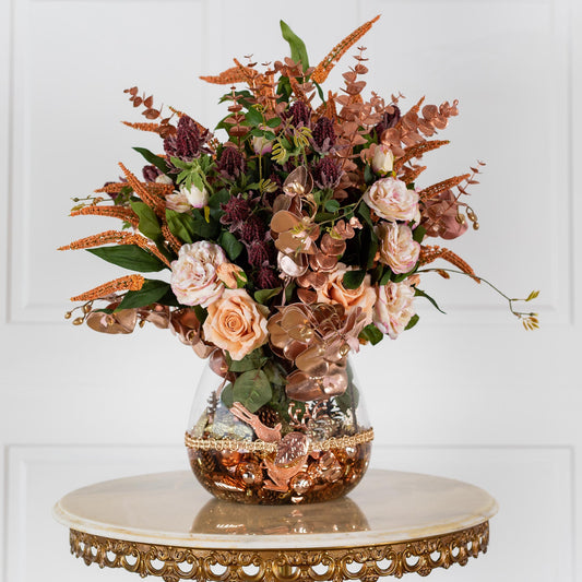 Rose Gold Real Touch & Silk Fake Flower Christmas Arrangement - Large "Gilt Edged Rose " - HM Grande Flora - artificial flowers Australia - luxury table decor