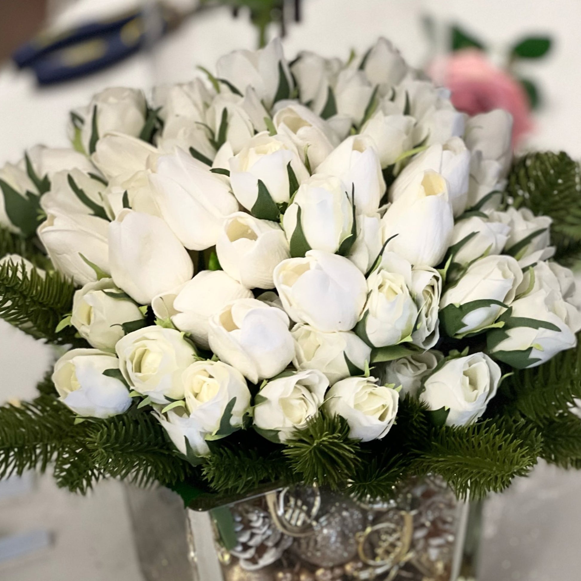 Silk Rose & Real Touch Tulips Artificial Christmas Flower Arrangement "Roses & Tulips in bloom" - HM Grande Flora - artificial flowers Australia - luxury table decor